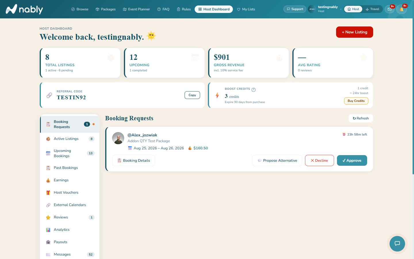 Host Dashboard Booking Requests tab with a pending request