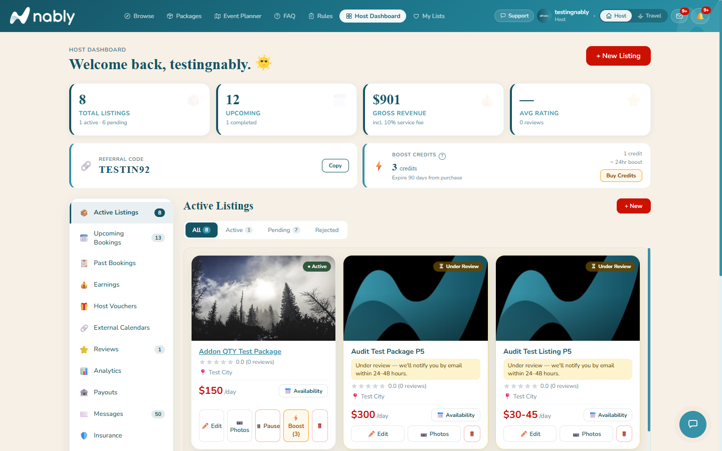 Host Dashboard with the sidebar and Active Listings tab open