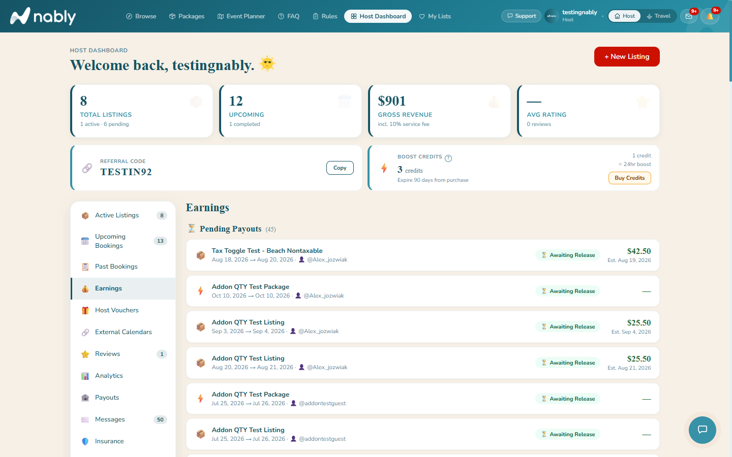 Host Dashboard Earnings tab
