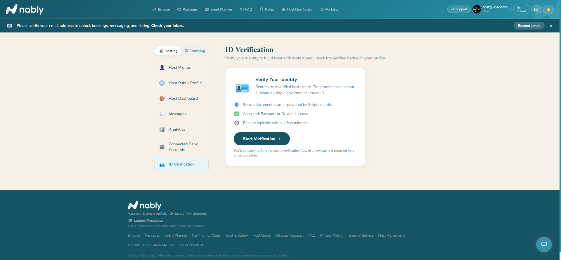 Host profile identity verification card, not yet verified