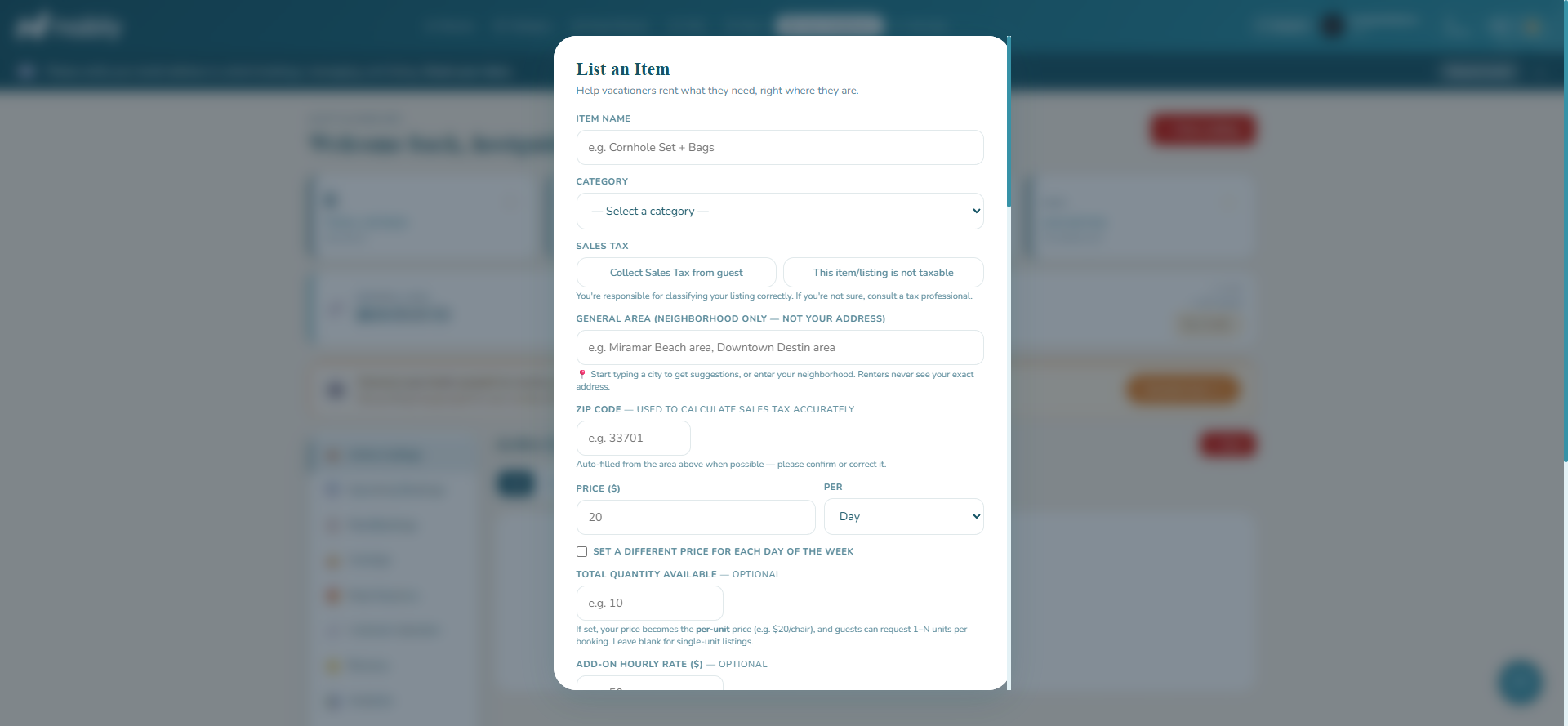 New listing form showing title, category, and photo upload