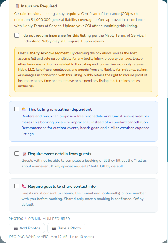 New listing form showing the weather-dependent, guest notes, and contact sharing checkboxes
