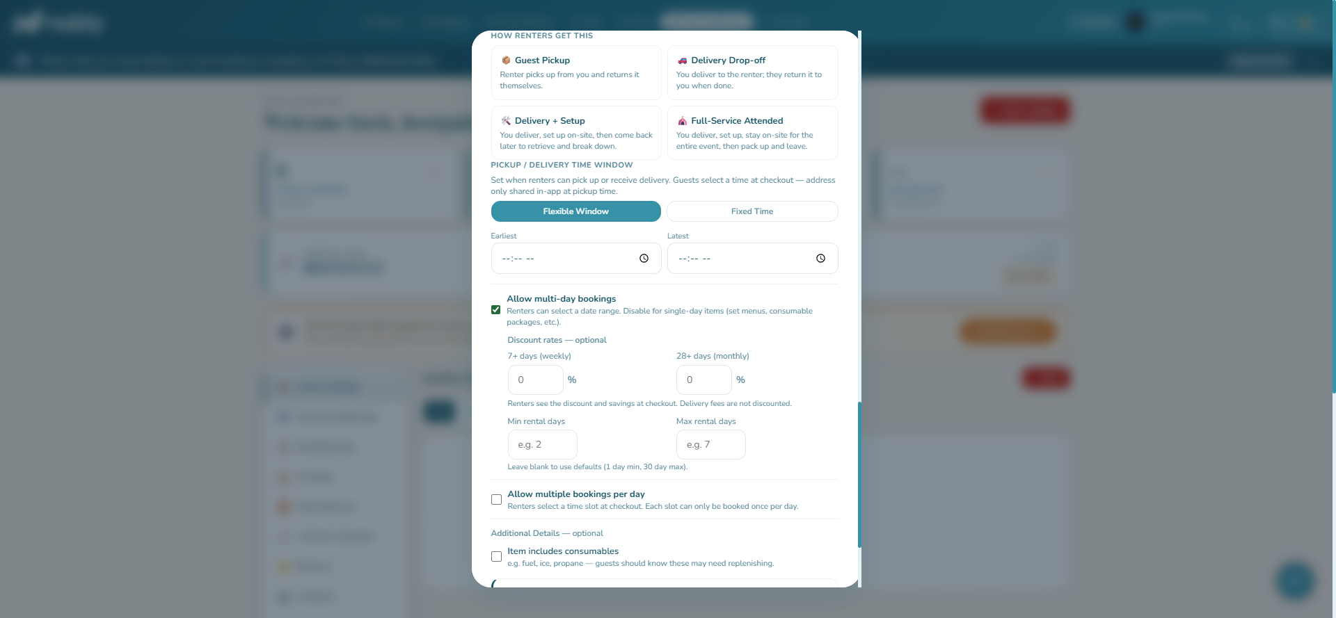 New listing form showing the four service type options