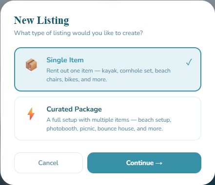 New Listing modal showing Single Item vs Curated Package options