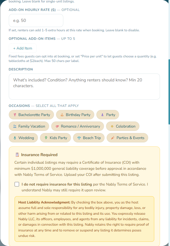 New listing form showing the Occasions tag picker