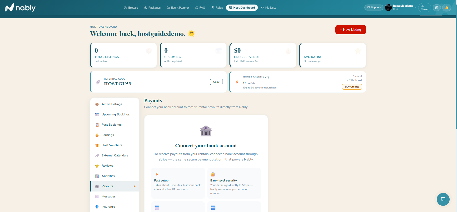 Host Dashboard Payouts tab before connecting Stripe