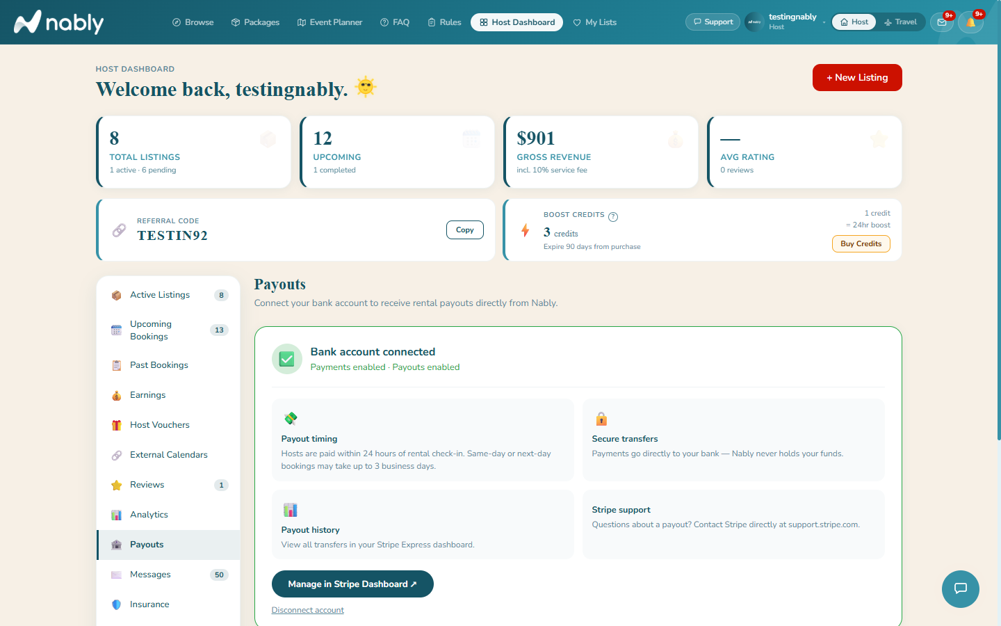 Host Dashboard Payouts tab after Stripe is connected