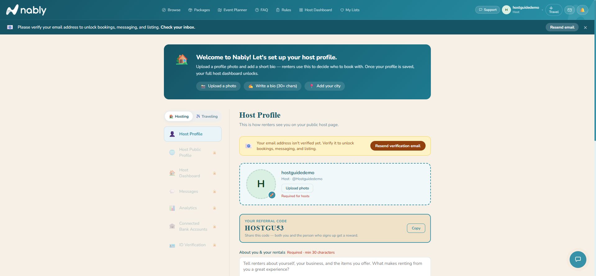 Host profile setup screen with photo, bio, and city fields