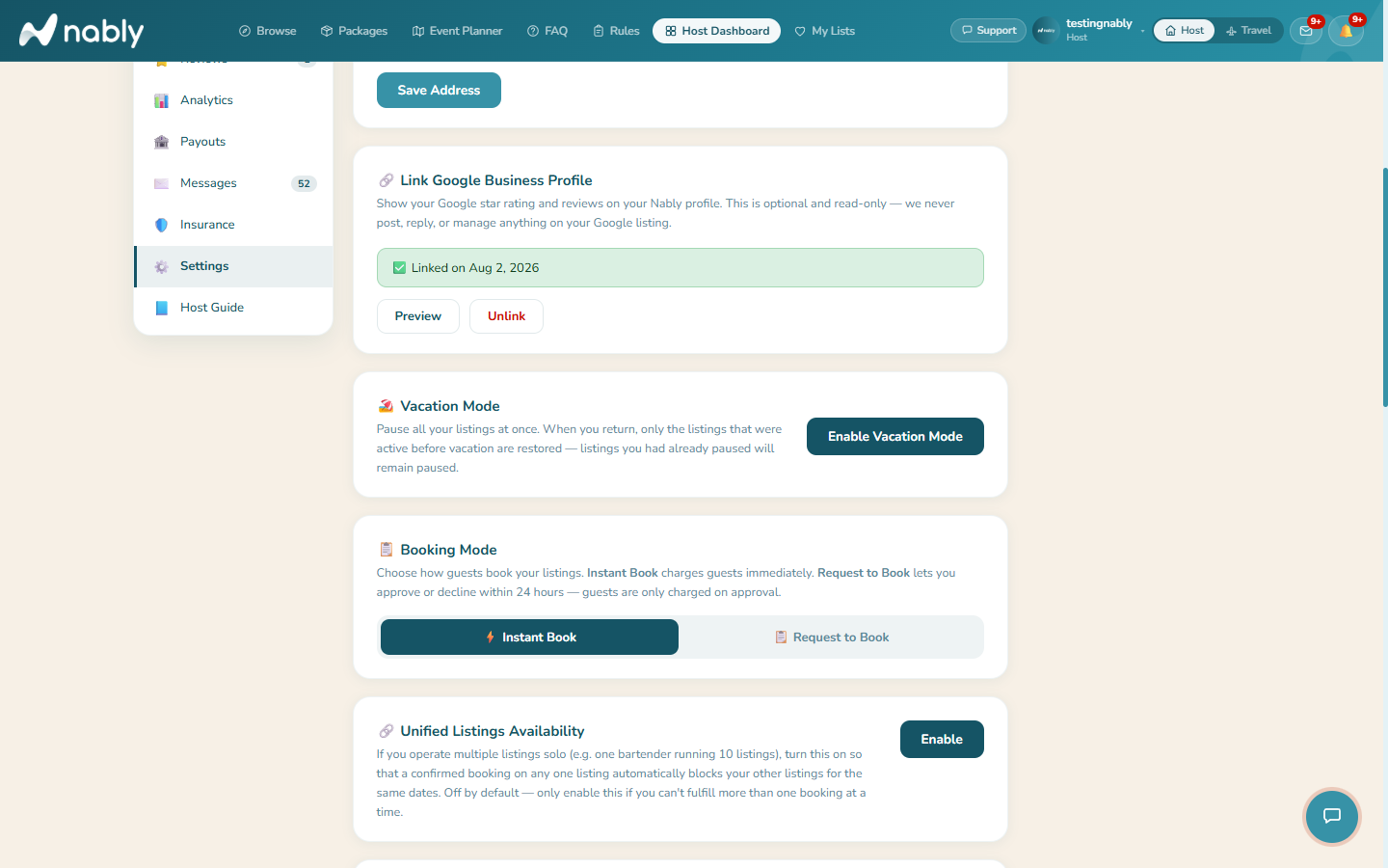 Host Dashboard Settings tab showing Booking Mode and Vacation Mode