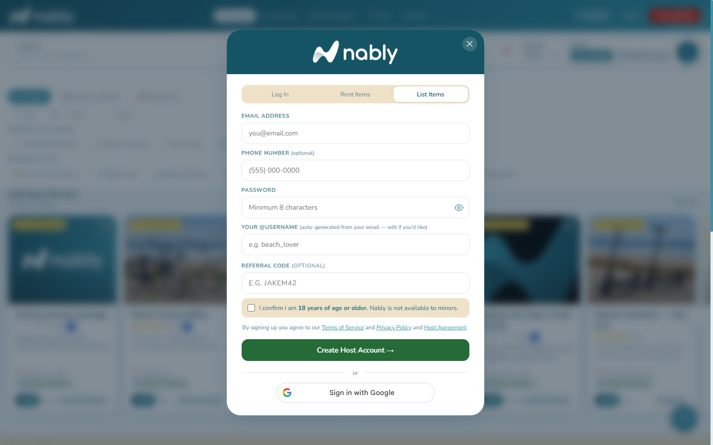 Nably sign-up form with the List Items host tab selected