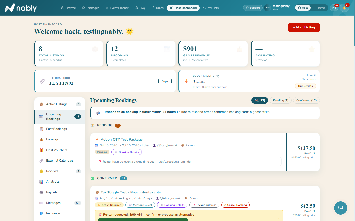 Host Dashboard Upcoming Bookings tab with a confirmed booking